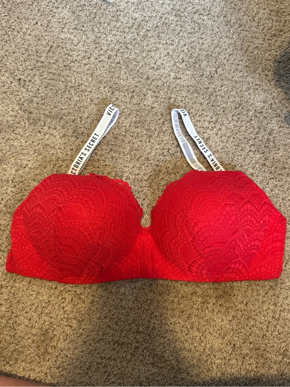 Victoria's Secret Red Lace Push-Up Bra with Branded White Straps